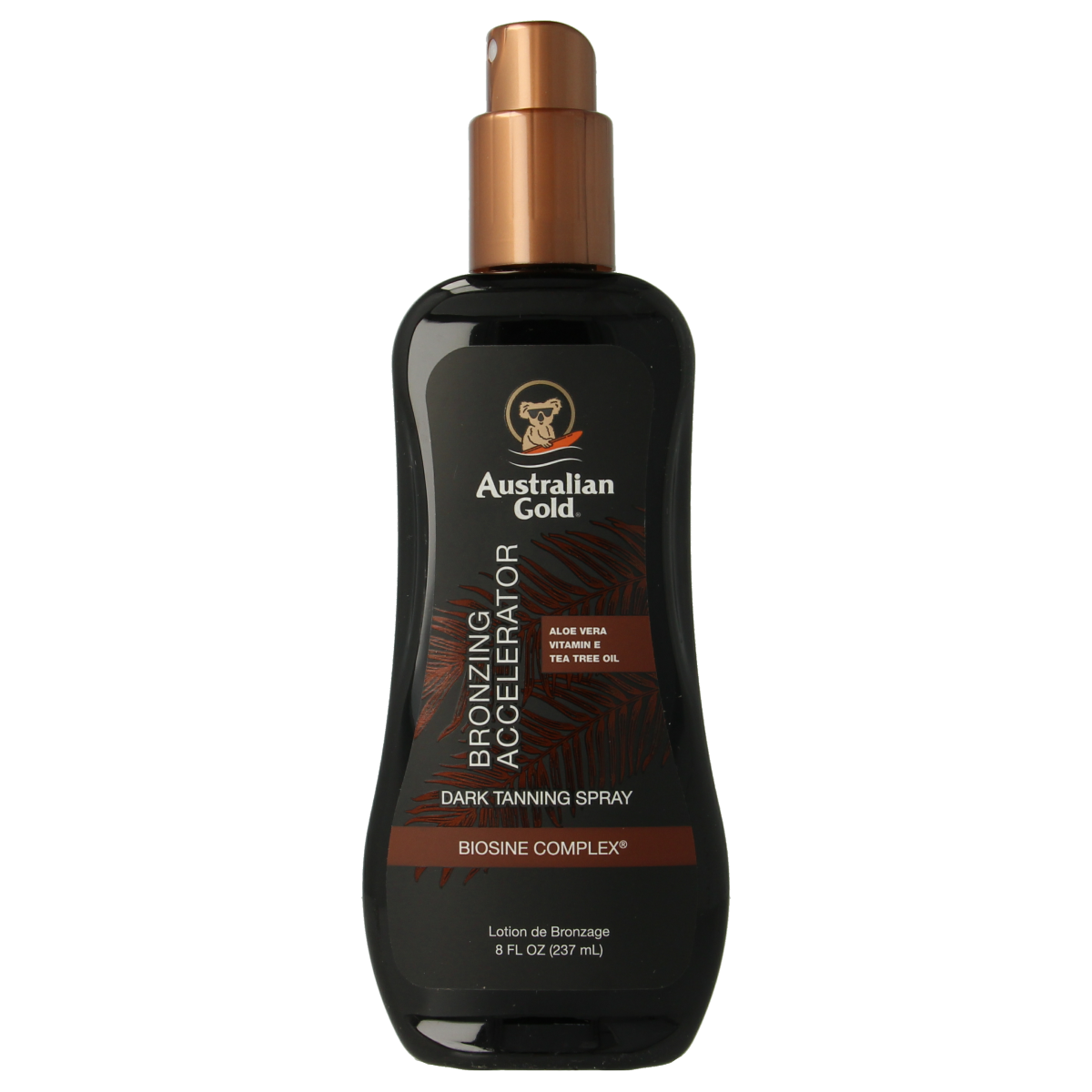 Australian Gold Dark tanning accelerator spray gel with bronzer, 237ml, showing the gel bottle with product label and spray nozzle.