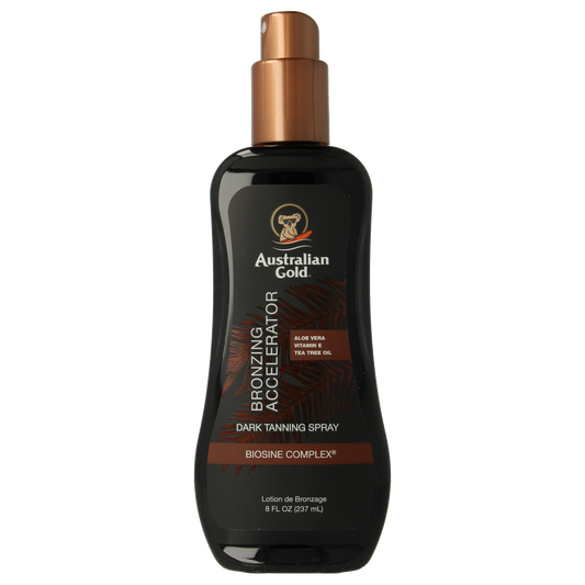 Australian Gold Dark tanning accelerator spray gel with bronzer, 237ml, showing the gel bottle with product label and spray nozzle.