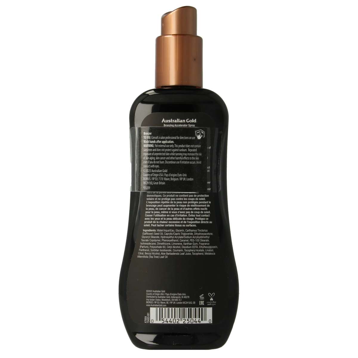 Australian Gold Dark Tanning Accelerator Spray Gel with bronzer, 237ml, in a clear bottle with a pump dispenser.