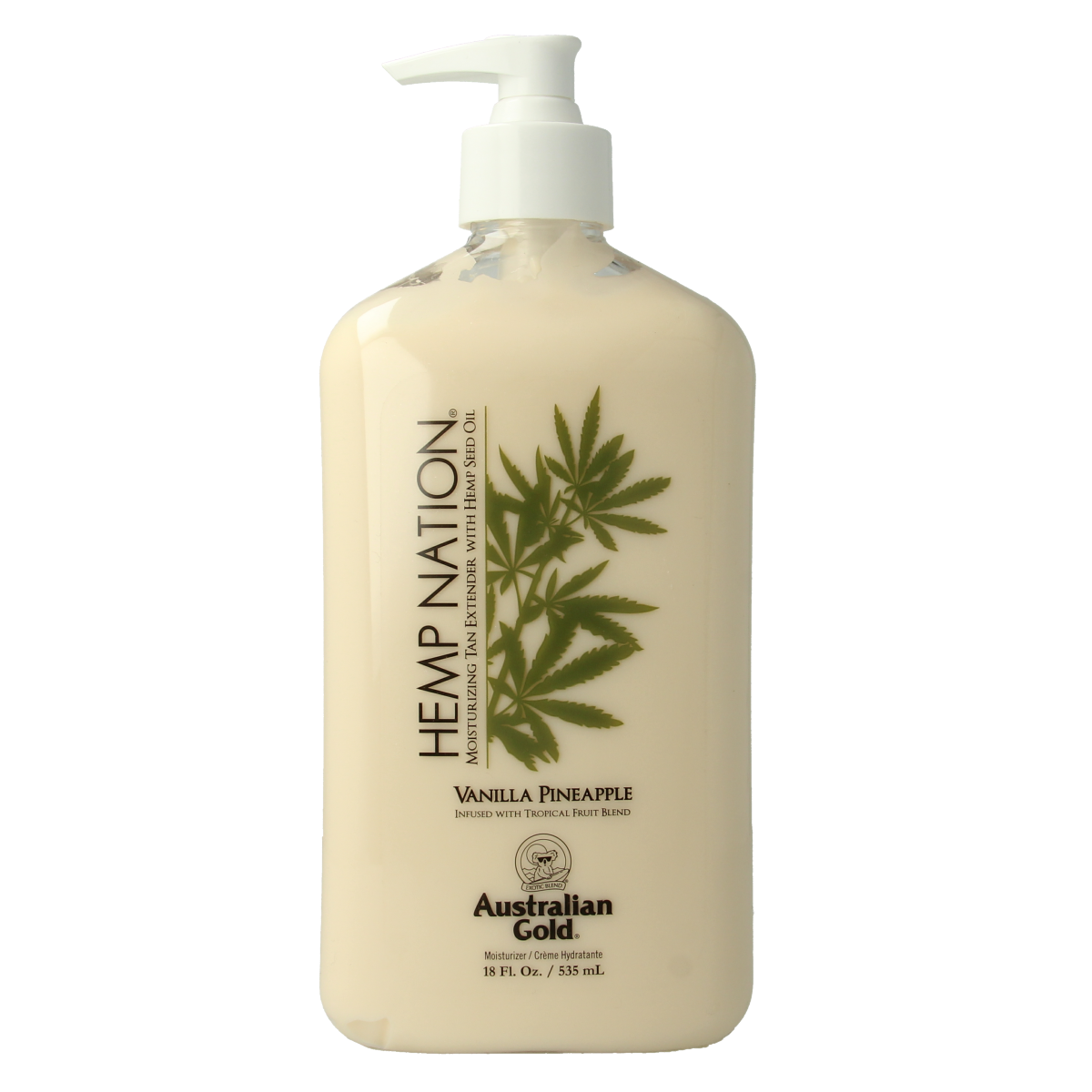 Australian Gold Hemp Nation Vanilla Pineapple tan extender bottle, 535ml, for body skincare and sun protection.