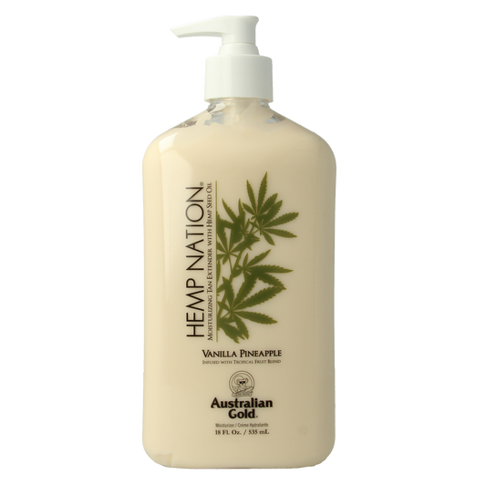 Australian Gold Hemp Nation Vanilla Pineapple tan extender bottle, 535ml, for body skincare and sun protection.