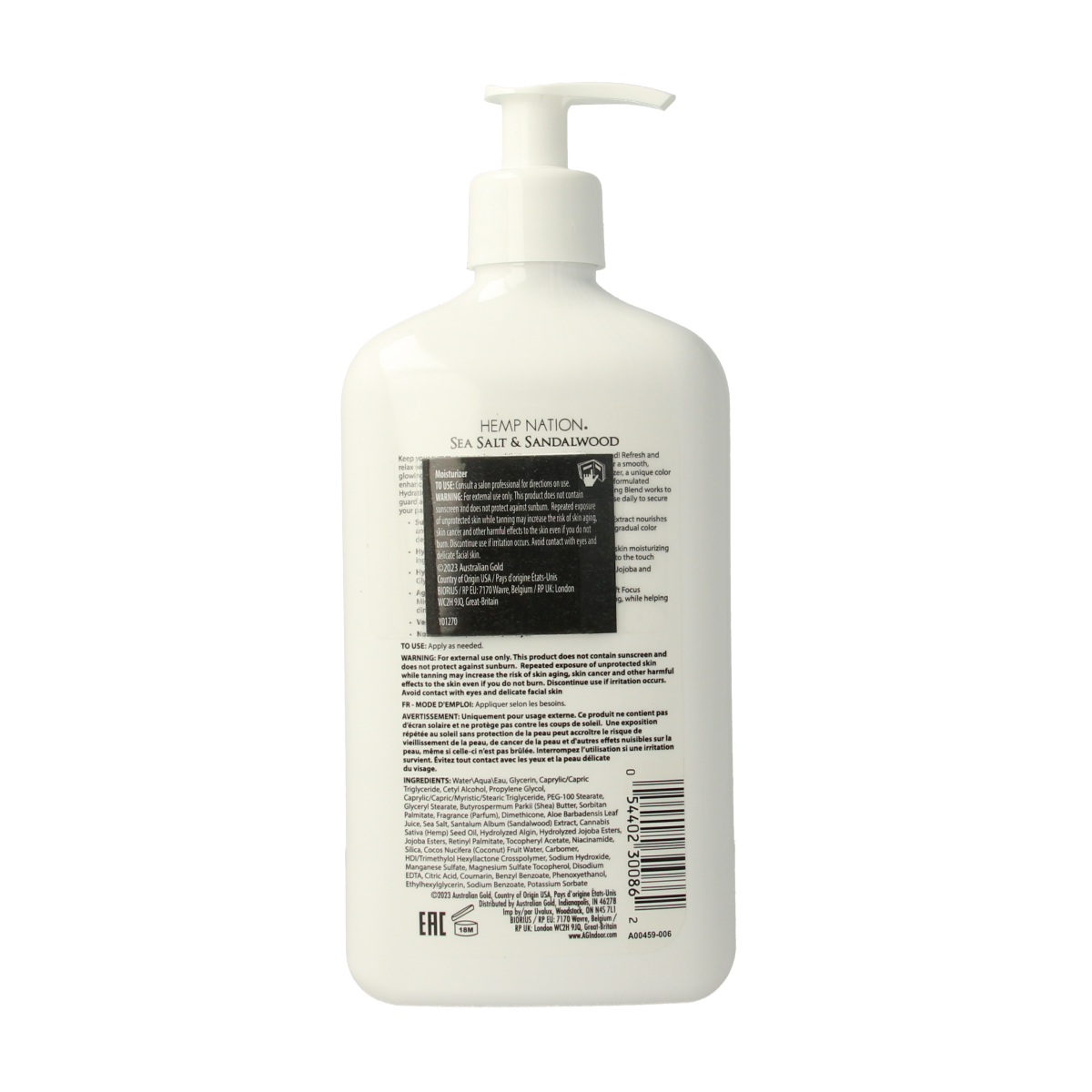 Australian Gold Hemp Nation sea salt and sandalwood tan extender in a 535ml body care bottle, designed to enhance and prolong sun tans.