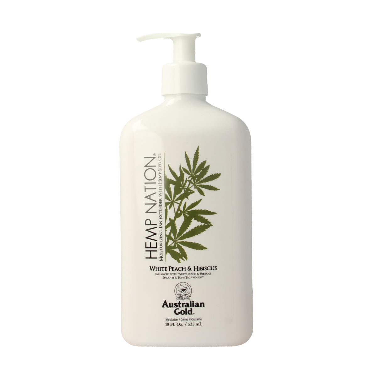 Australian Gold Hemp Nation tan extender lotion with white peach and hibiscus, 535ml, in a white bottle.