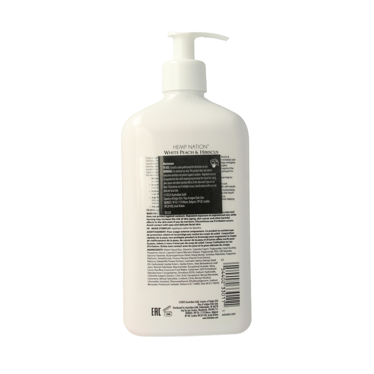 Australian Gold Hemp Nation tan extender lotion with white peach and hibiscus, 535ml bottle, nourishing sun tanning product.