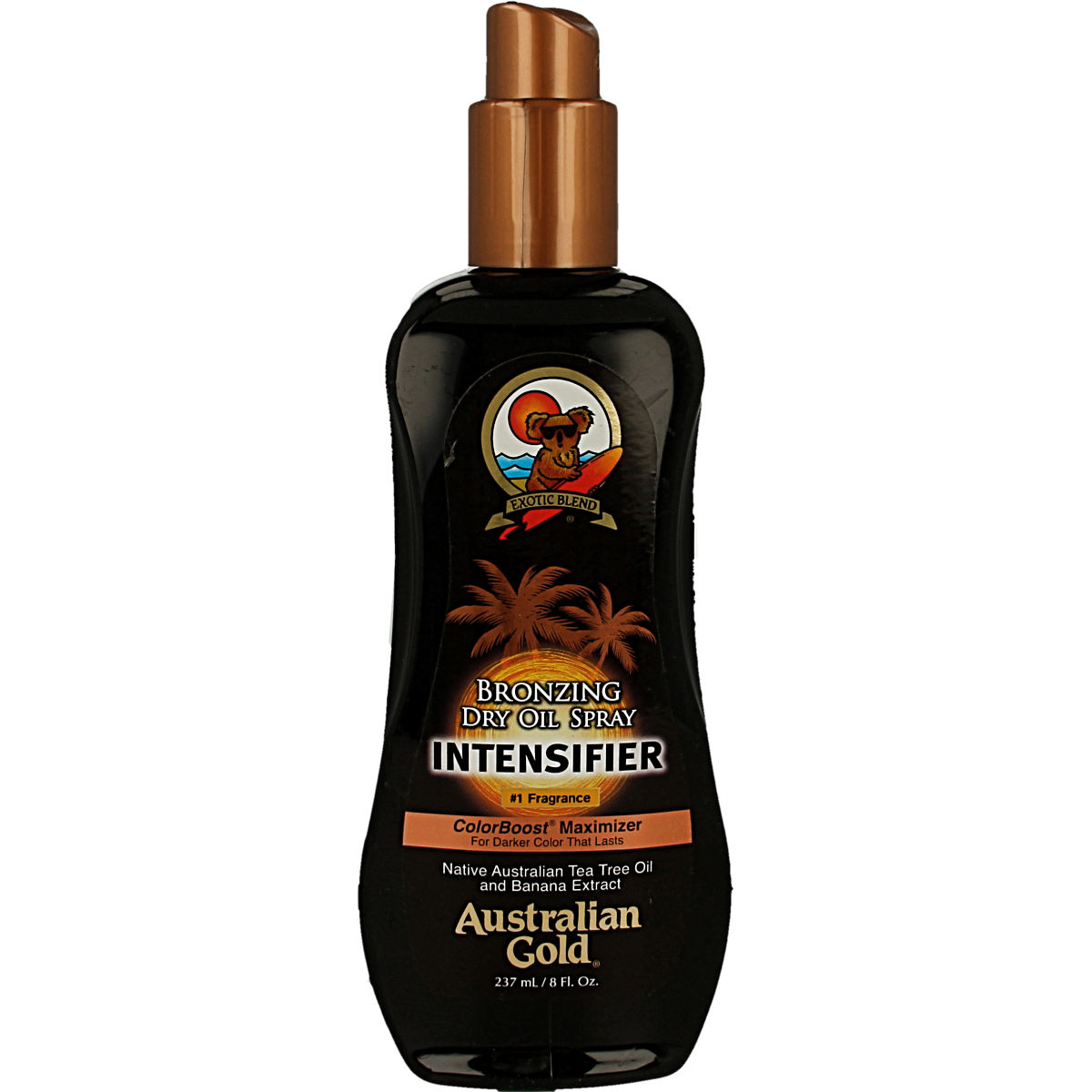Australian Gold Bronzing Intensifier Dry Oil Spray in 237ml bottle, featuring a sun-kissed tanning product with golden accents.