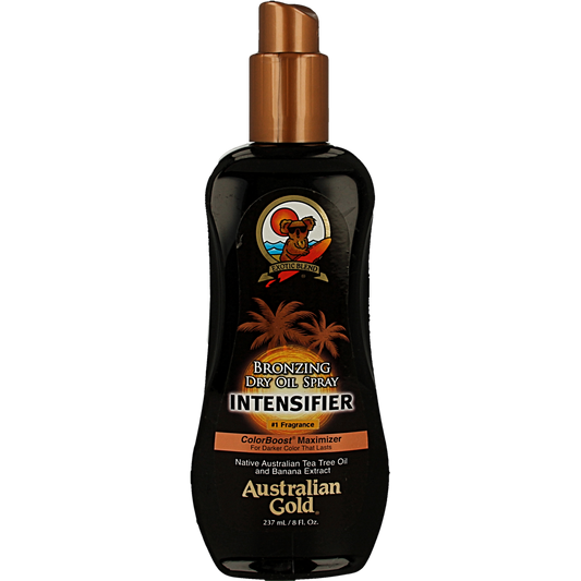 Australian Gold Bronzing Intensifier Dry Oil Spray in 237ml bottle, featuring a sun-kissed tanning product with golden accents.