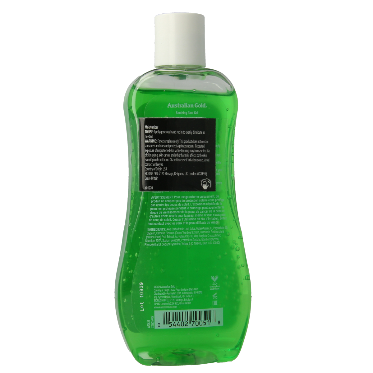 Australian Gold Aftersun soothing aloe gel in 237ml bottle, moisturizing and calming skin after sun exposure.