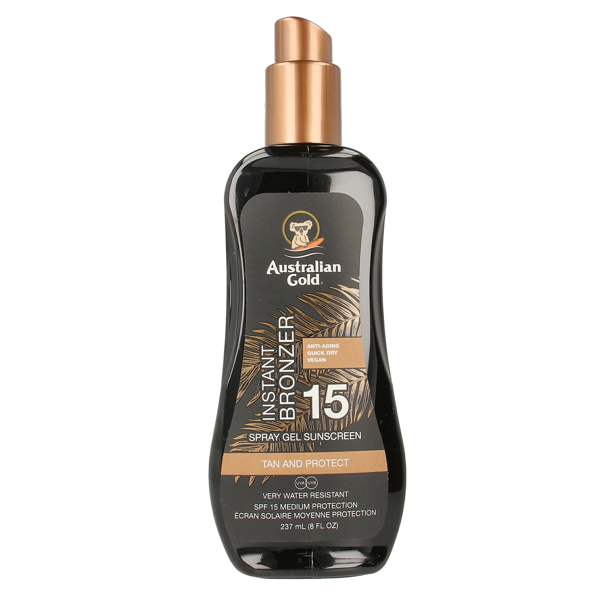 Australian Gold Spray Gel with SPF 15, bronzer, 237ml, sun tanning lotion in a clear spray bottle with a flip-top cap