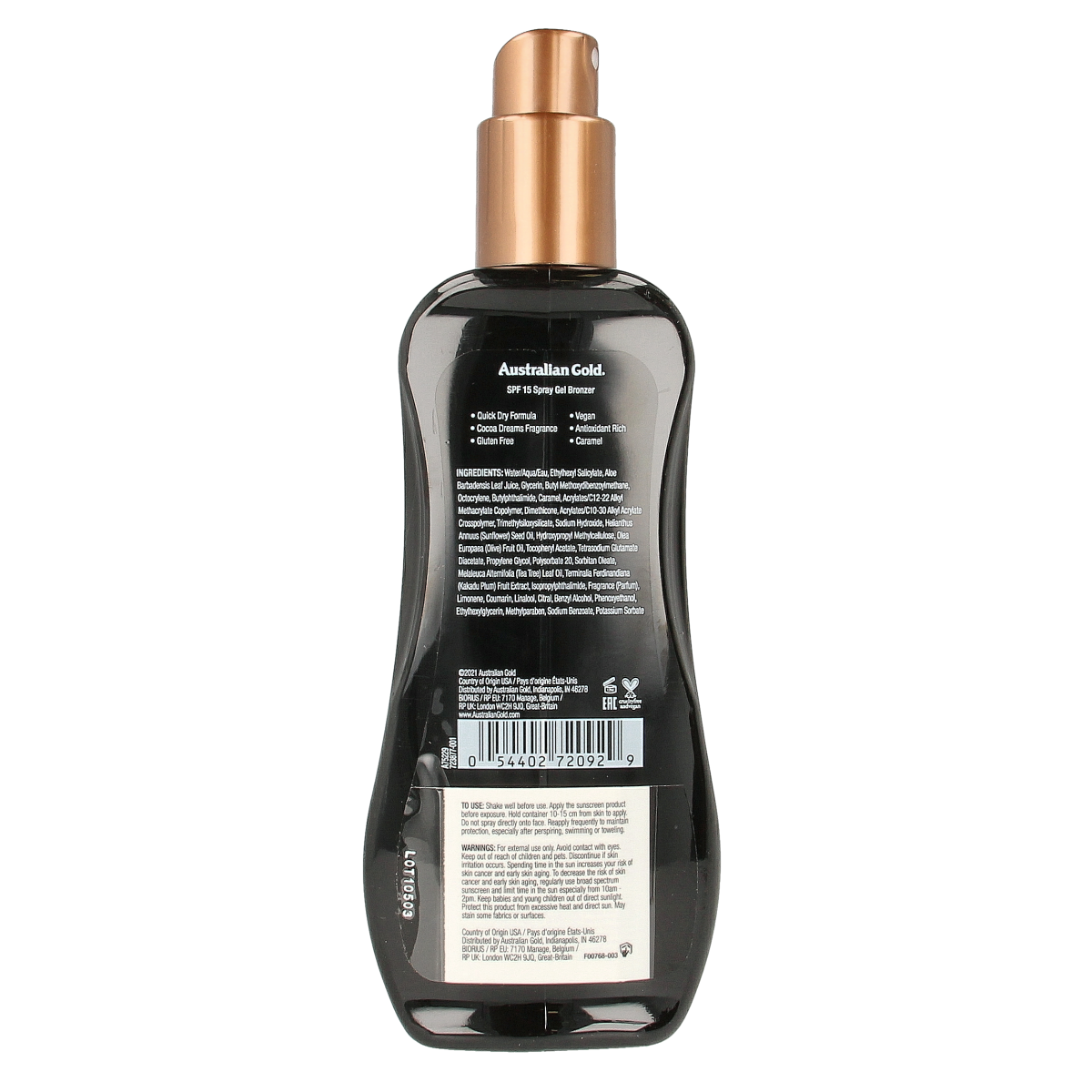 Australian Gold Spray Gel with SPF 15 and bronzer, 237ml, sun tanning product in a clear spray bottle with a pump nozzle.