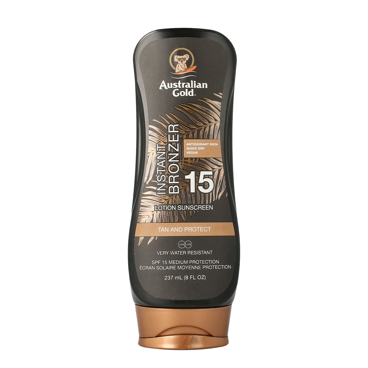 Australian Gold SPF15 tanning lotion with bronzer, 237ml bottle, featuring a sun protection and bronzing formula.