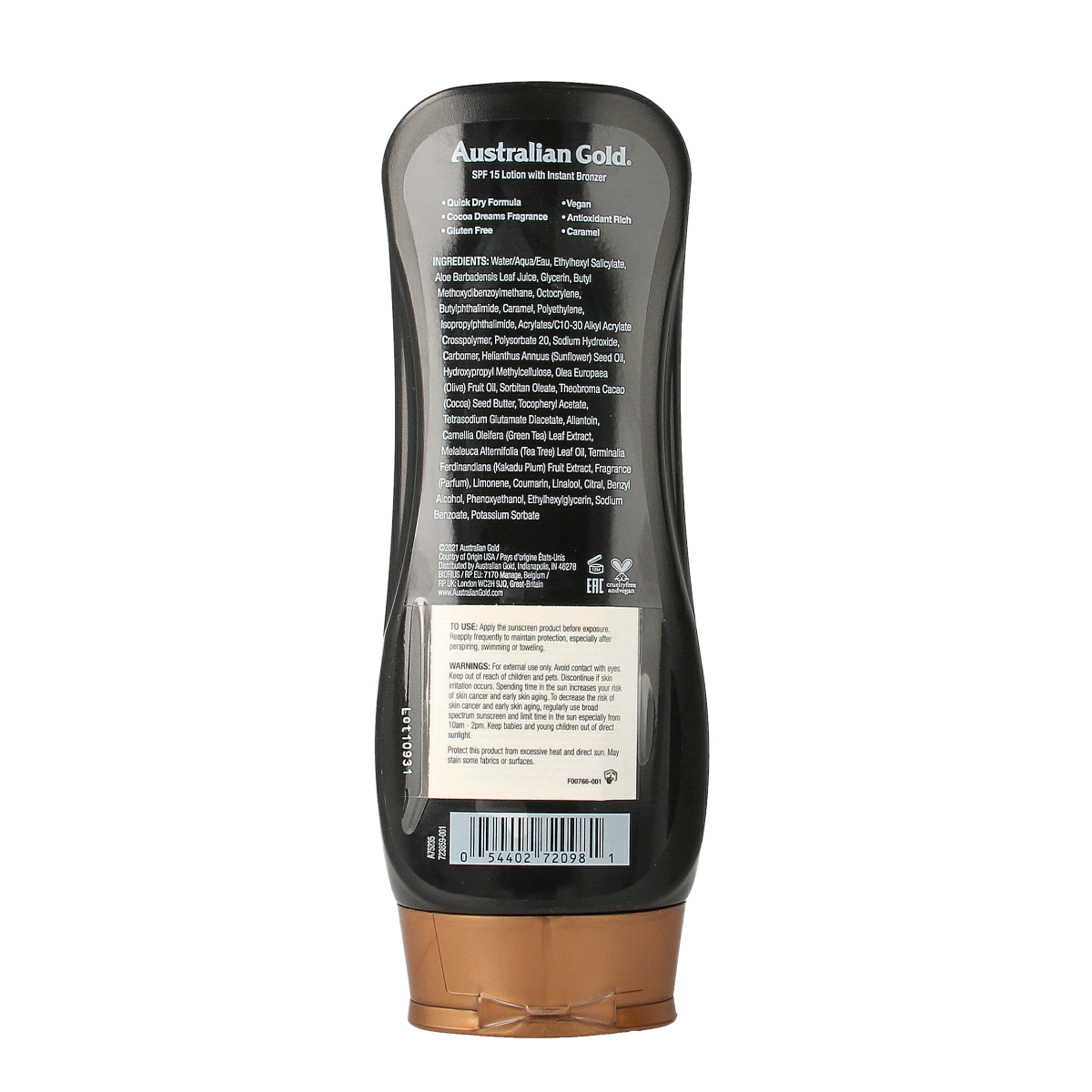Australian Gold SPF15 tanning lotion with bronzer in a 237ml bottle, designed for sun tanning and skin bronzing.