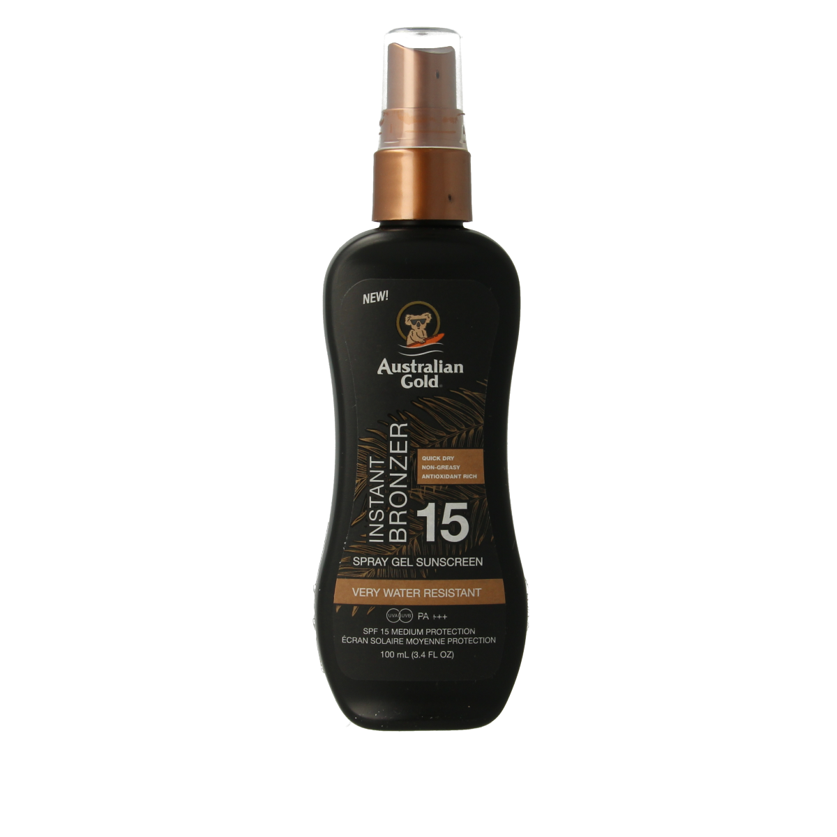 Australian Gold Spray Gel with Bronzer SPF15 in a 100ml bottle, featuring a sun protection spray with bronzing effects.
