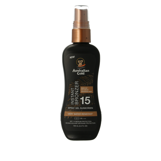 Australian Gold Spray Gel with Bronzer SPF15 in a 100ml bottle, featuring a sun protection spray with bronzing effects.