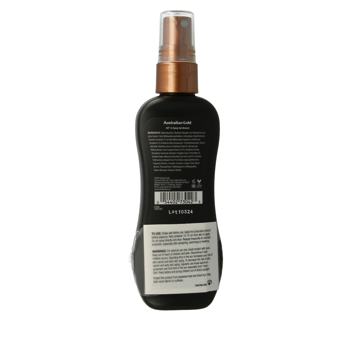 Australian Gold Spray Gel with Bronzer SPF15, 100ml, sun tanning product with moisturizing gel and bronzing effects.