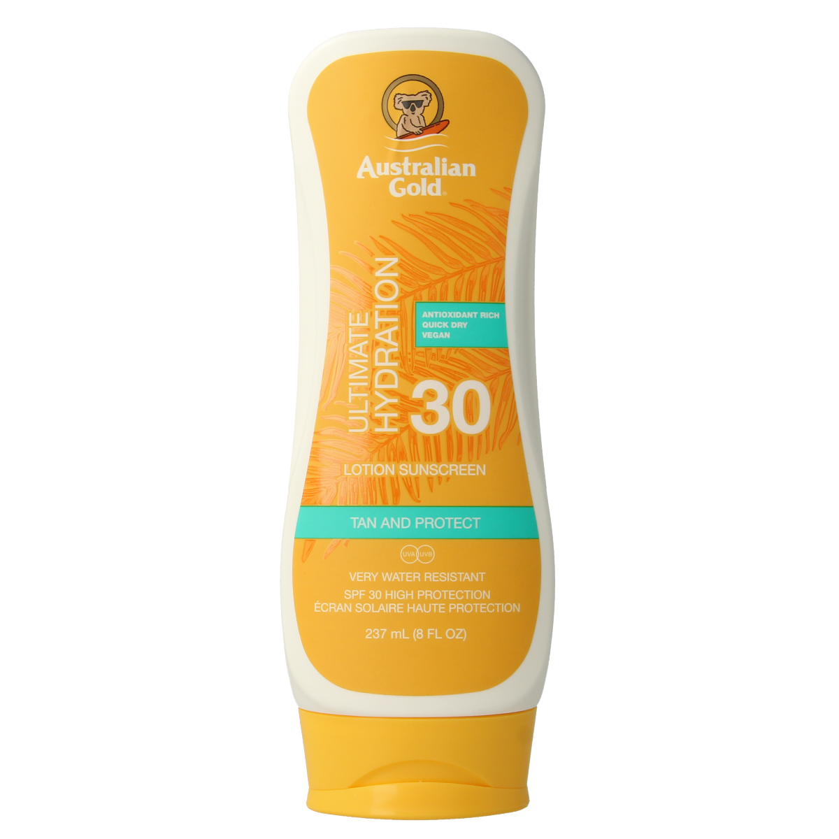 Australian Gold SPF30 bronzer lotion in 237ml bottle, tanning lotion with sun protection, for a sun-kissed glow.