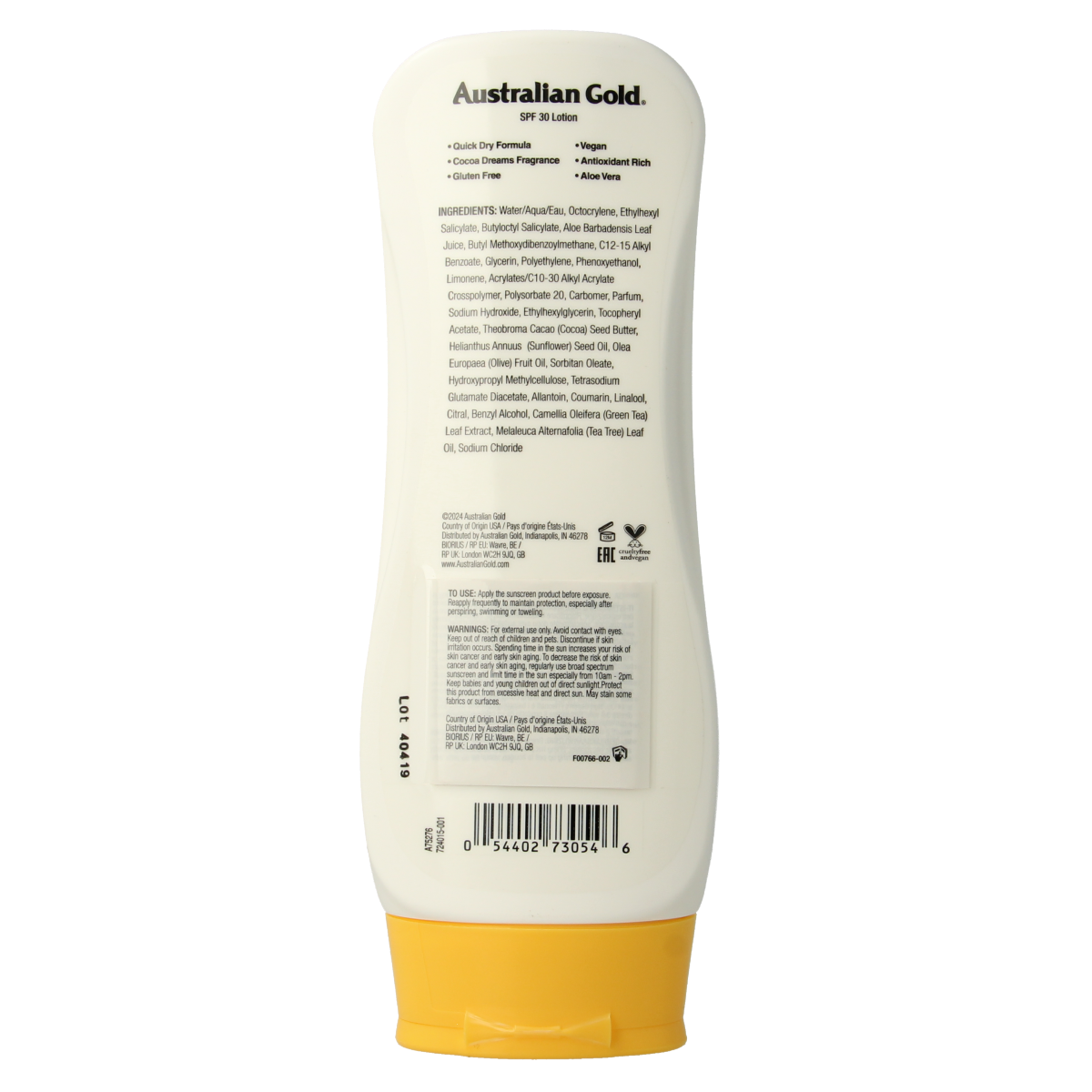 Australian Gold SPF30 bronzer lotion in 237ml bottle, with a golden tan and sun protection features.