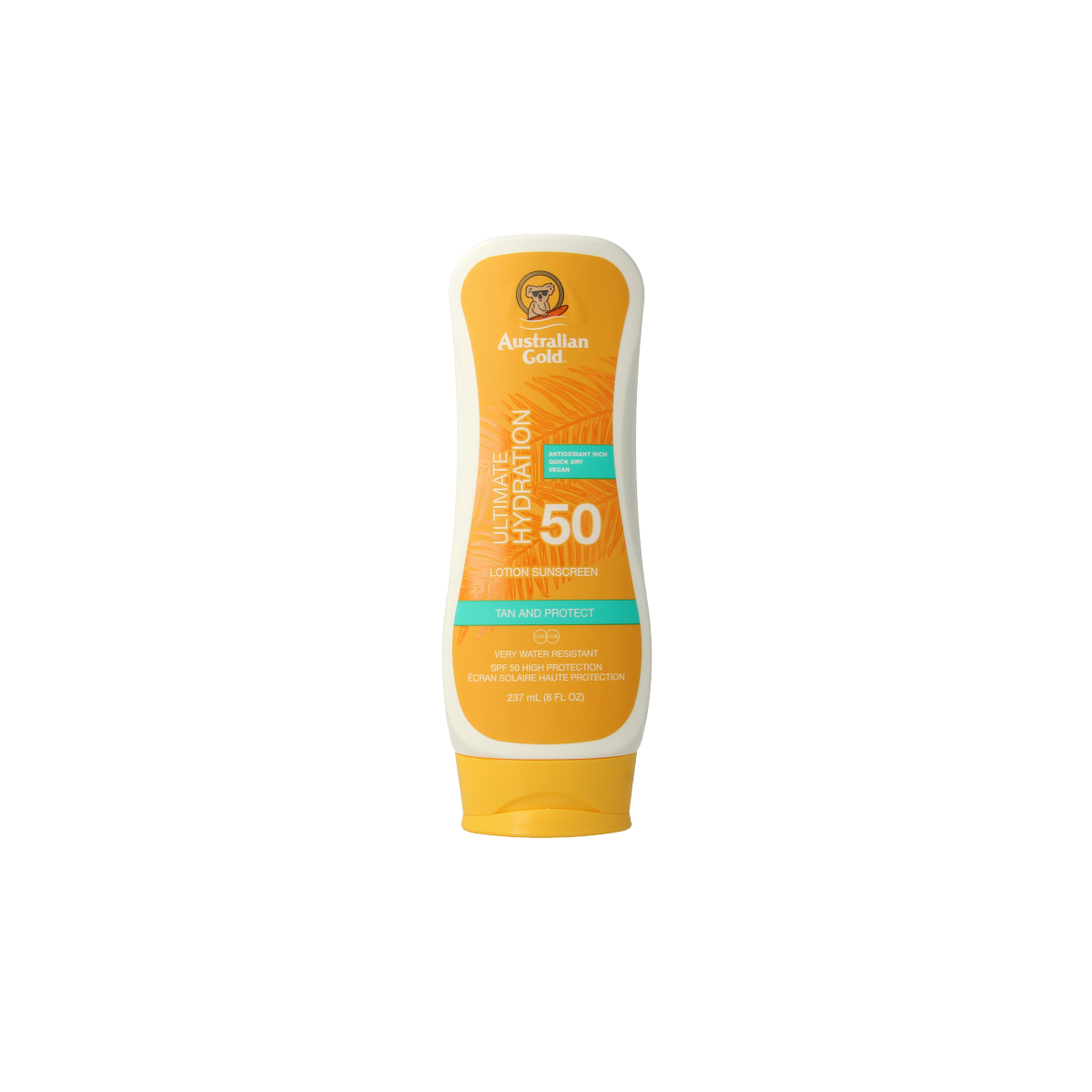 Australian Gold SPF50 tanning lotion bottle, 237ml, with colorful packaging and sun protection labels.