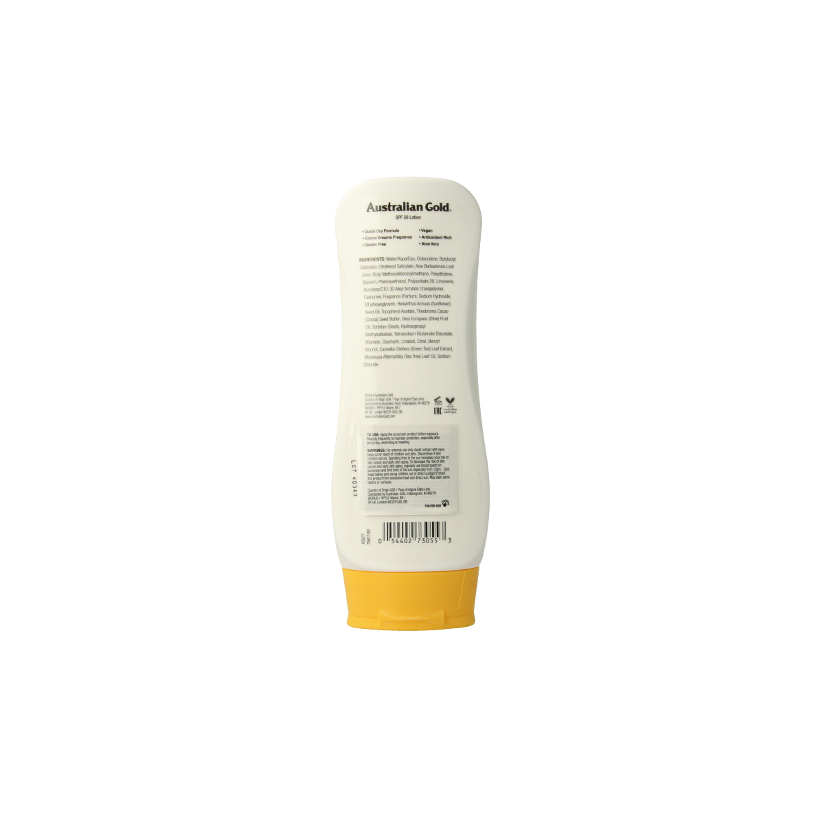 Australian Gold SPF50 sunscreen lotion in 237ml bottle, designed for effective sun protection with a moisturizing formula.