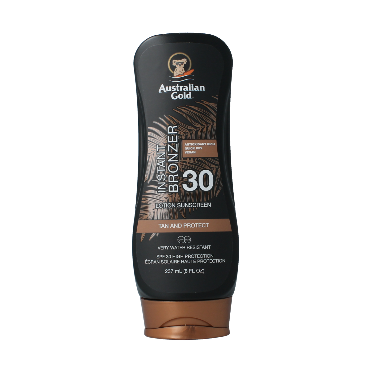 Australian Gold SPF30 bronzer lotion bottle, 237ml, featuring a sunny gold label and sun-themed design.