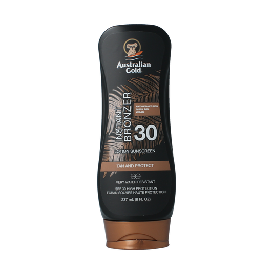 Australian Gold SPF30 bronzer lotion bottle, 237ml, featuring a sunny gold label and sun-themed design.
