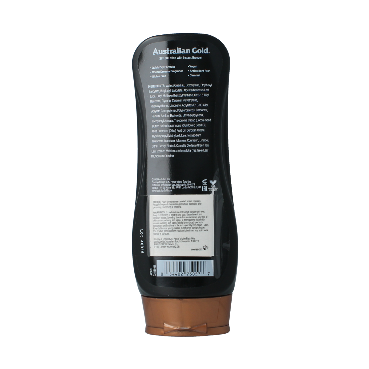 Australian Gold SPF30 bronzer lotion bottle for sun tanning, 237ml, with a golden and tropical design on the label.