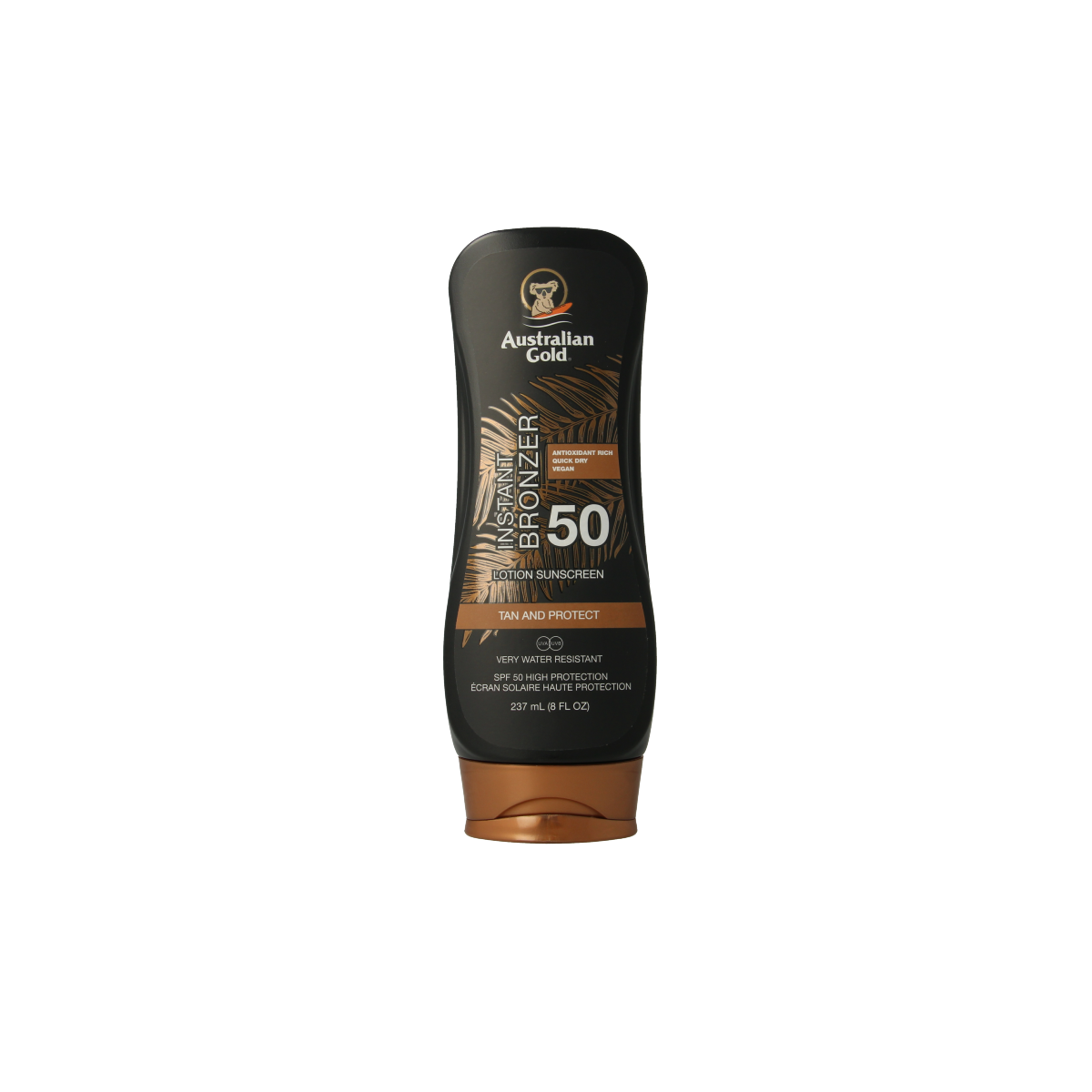 Australian Gold bronzer SPF50 lotion bottle with orange and gold packaging, labeled as Australian Gold Zonnen sunscreen.