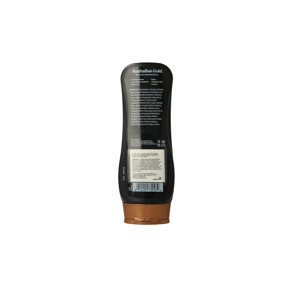 Australian Gold SPF50 bronzer lotion bottle for tanning, 237ml, with the product label visible in the image.