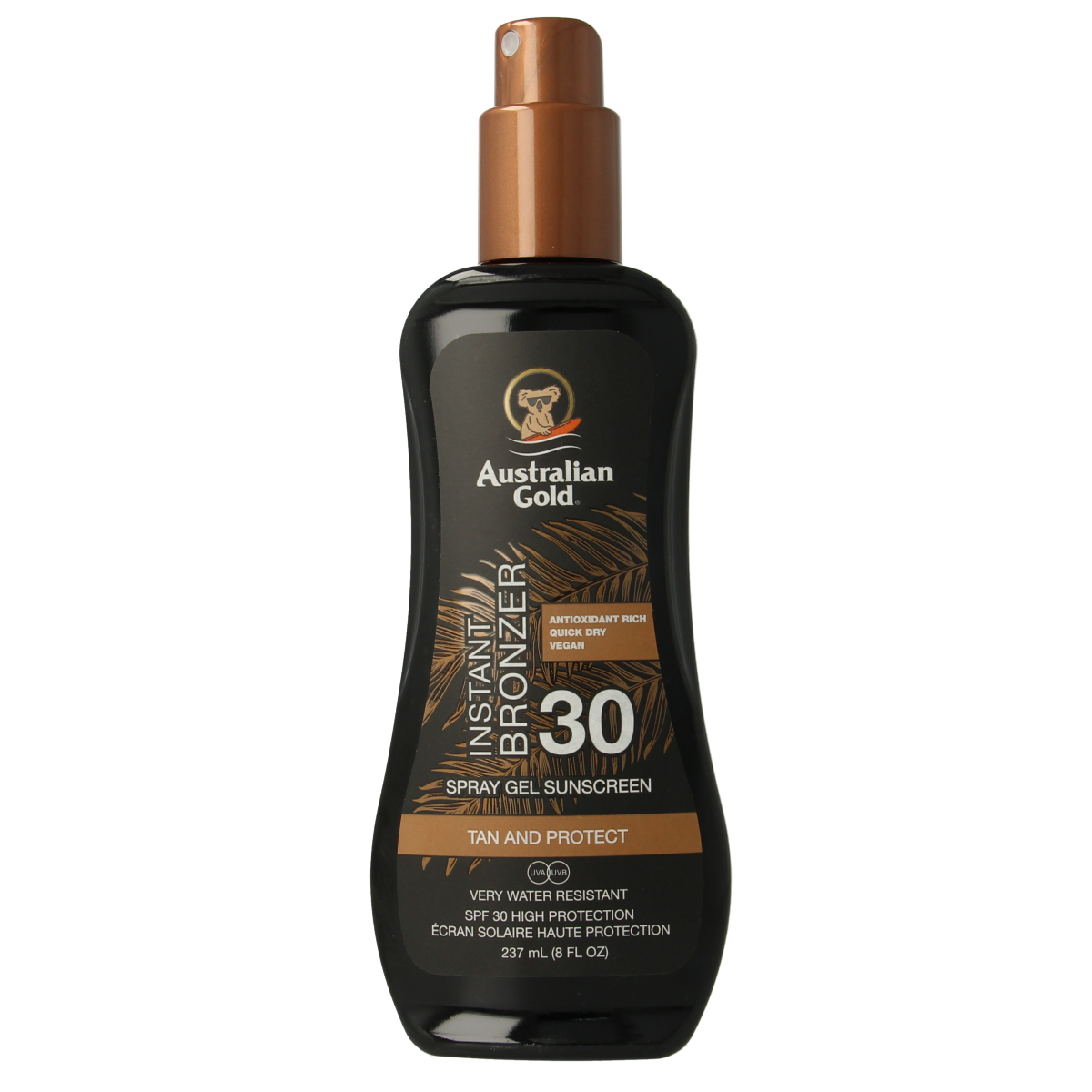 Australian Gold SPF30 spray gel bronzer in 237ml, featuring a smooth application and golden tan enhancement.