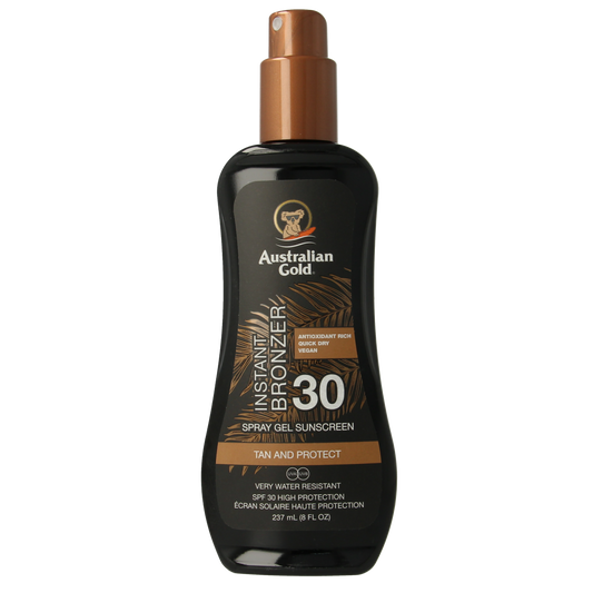 Australian Gold SPF30 spray gel bronzer in 237ml, featuring a smooth application and golden tan enhancement.