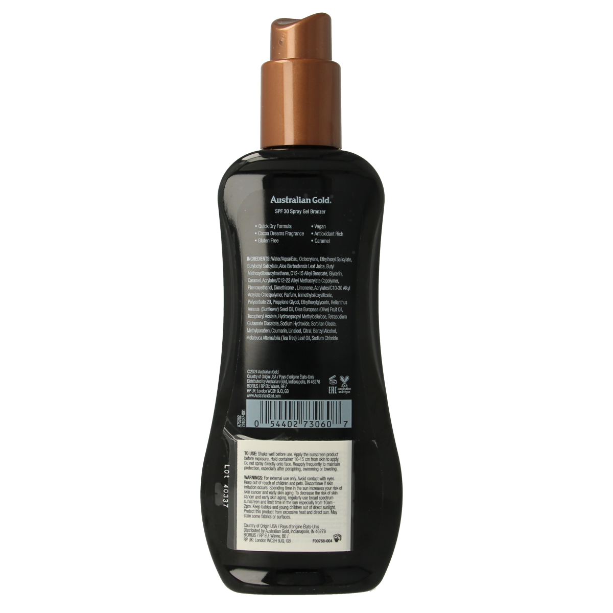 Australian Gold spray gel bronzer SPF30 in 237ml bottle, sun protection tanning gel with a smooth spray application.