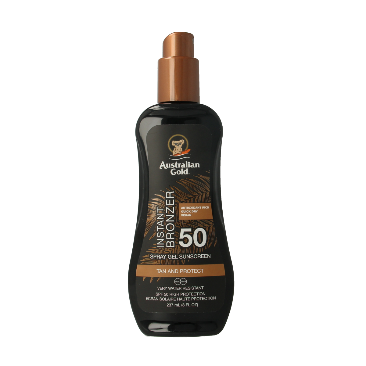 Australian Gold Spray Gel Bronzer SPF50 in 237ml, sun protection and bronzing spray with easy-to-use nozzle, golden finish.