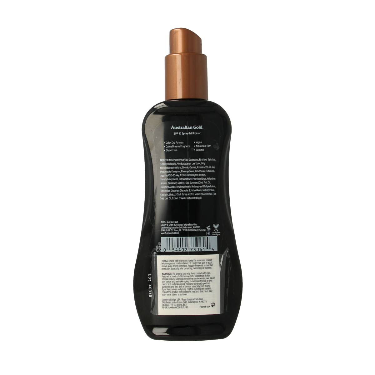 Australian Gold Spray Gel Bronzer SPF50 sun protection spray in 237ml bottle, featuring a bright yellow and orange packaging design