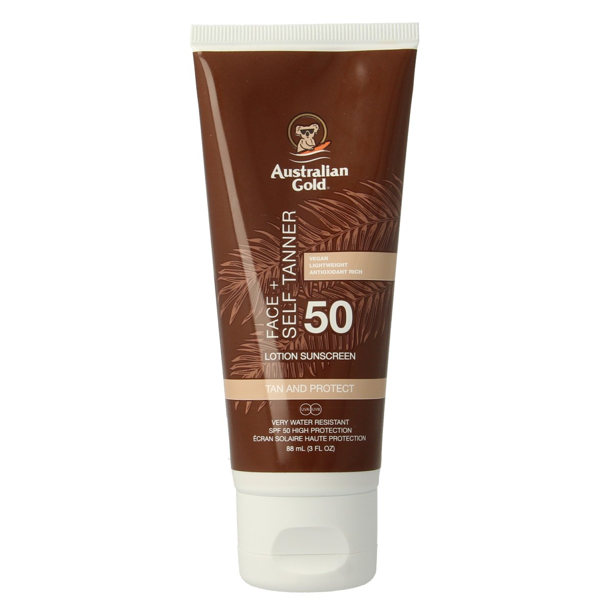 Australian Gold Face Self Tanner SPF50 in 88ml, a sunless tanning lotion with sun protection for a natural glow.