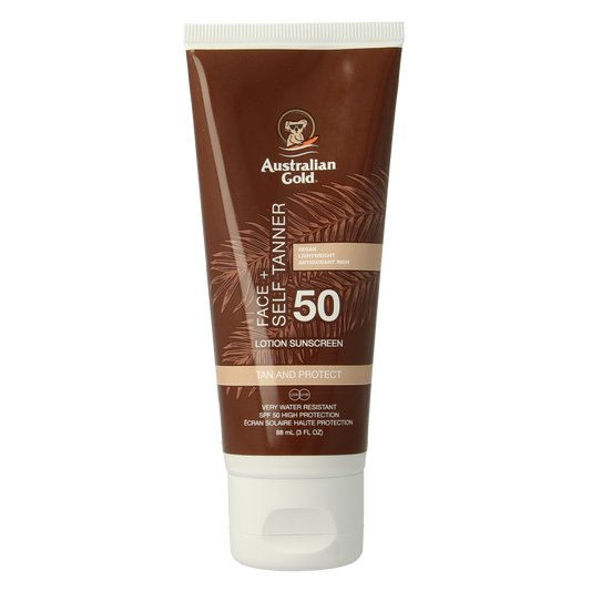 Australian Gold Face Self Tanner SPF50 in 88ml, a sunless tanning lotion with sun protection for a natural glow.