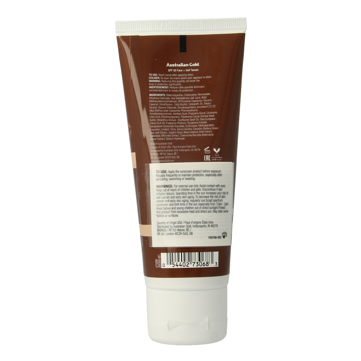 Australian Gold Face Self Tanner SPF50 lotion in 88ml bottle, sun protection and tinted tanning for face.