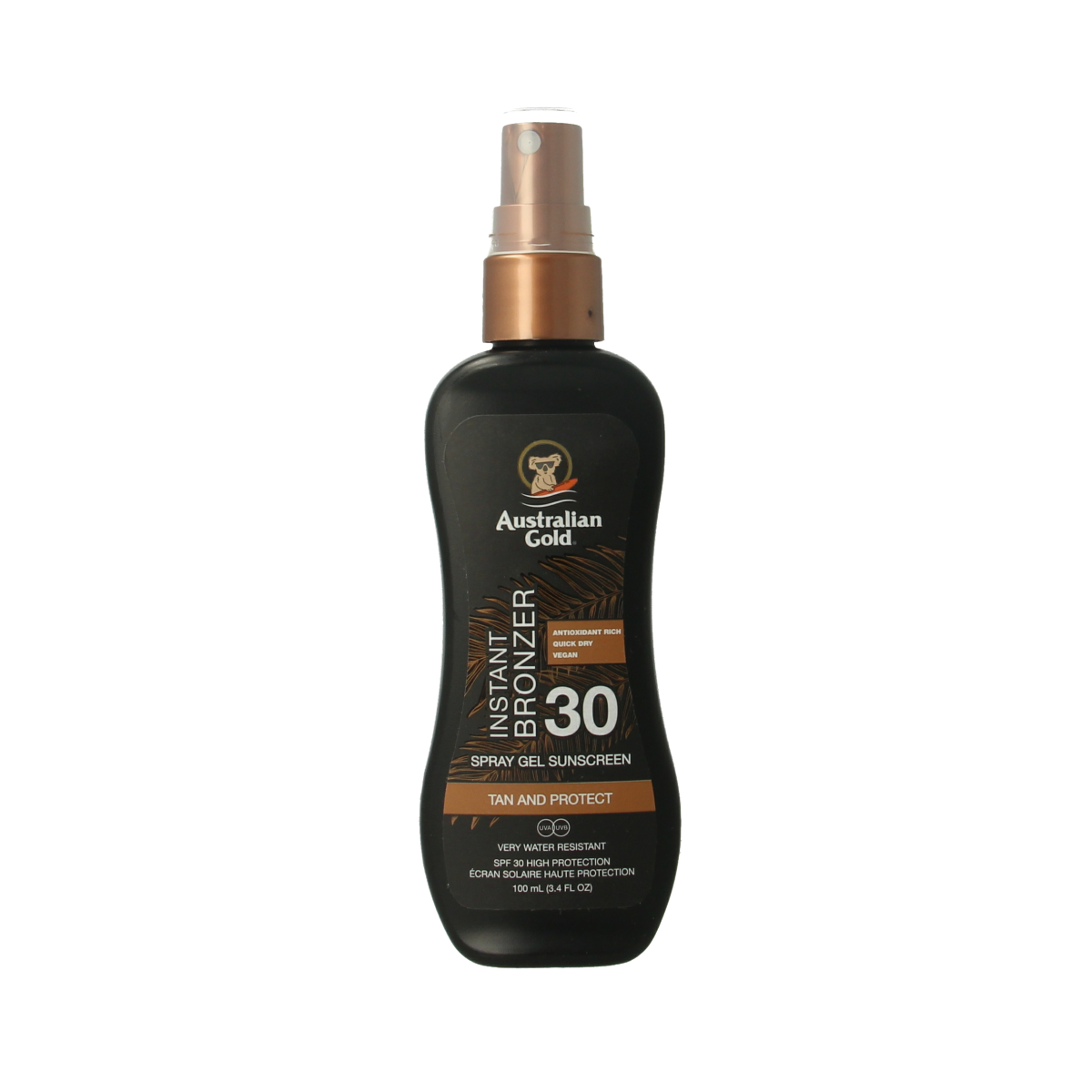 Australian Gold SPF30 spray gel with bronzer for tanning, 100ml, sun protection and bronze glow.
