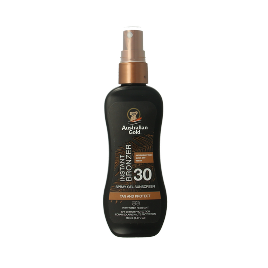 Australian Gold SPF30 spray gel with bronzer for tanning, 100ml, sun protection and bronze glow.