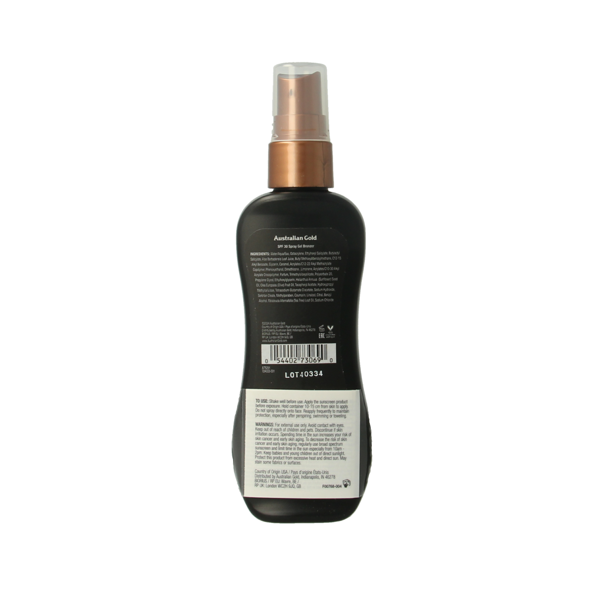 Australian Gold Spray Gel with Bronzer SPF30, 100ml, sun tanning product in a clear spray bottle with a flip cap.