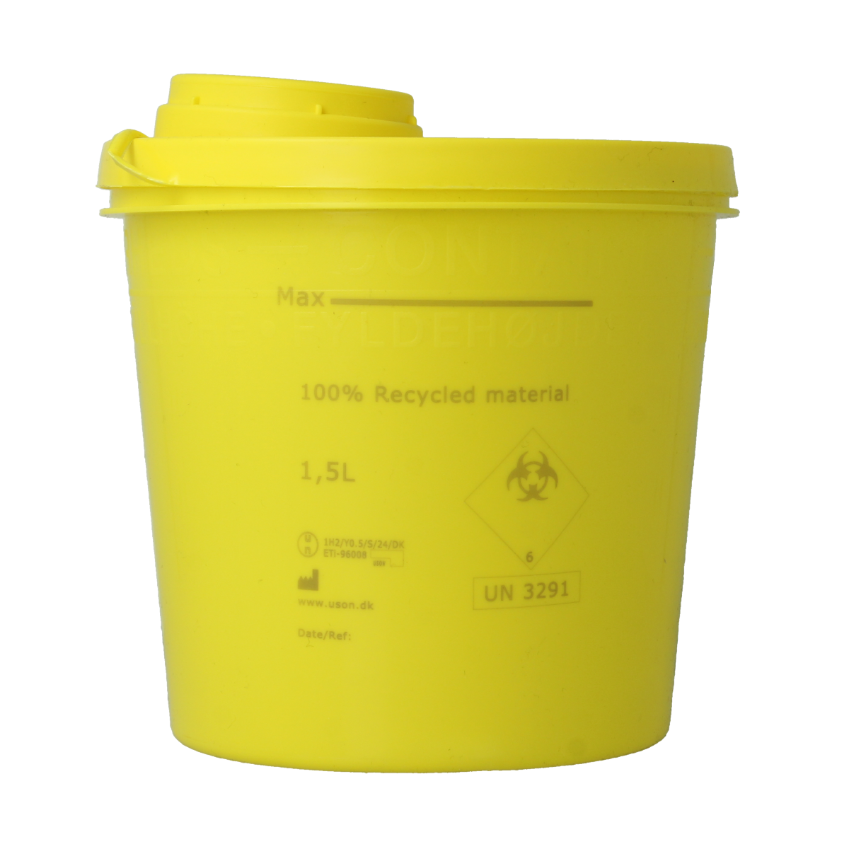 Uson Plast 1.5L yellow recycled plastic needle container for instrument storage, showing the plastic container with measurement markings.