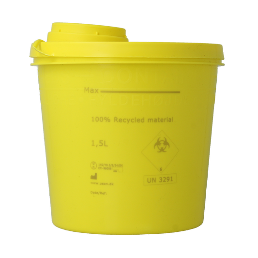 Uson Plast 1.5L yellow recycled plastic needle container for instrument storage, showing the plastic container with measurement markings.