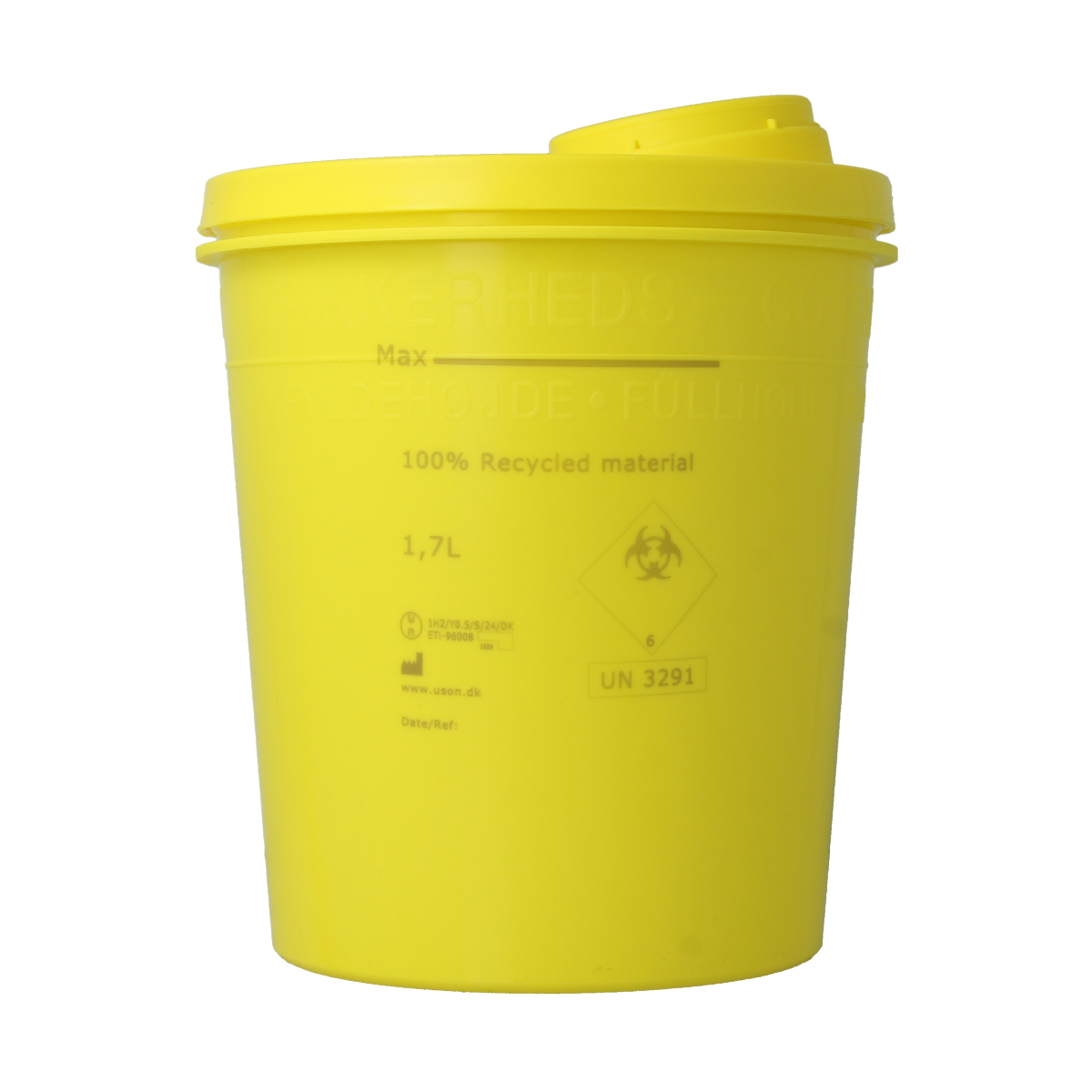 Uson Plast 1.7L yellow recycled plastic needle container for medical instruments, single piece, durable and lightweight.