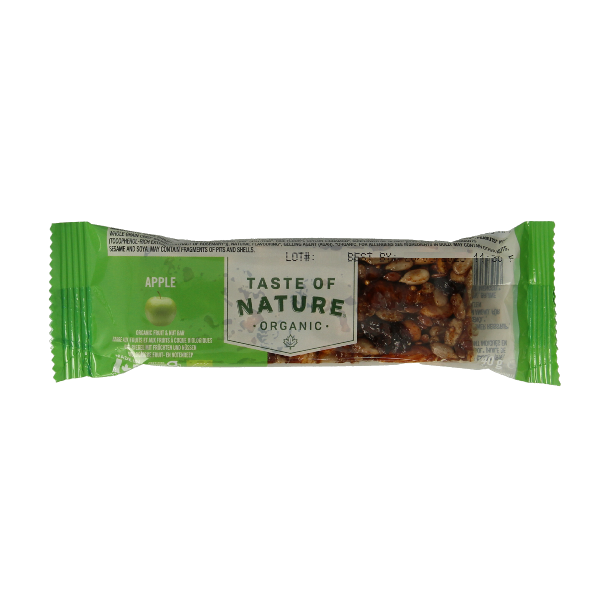 Taste of Nature organic apple granenreep snack bar, 40g, showing a close-up of the healthy fruit and grain bar.