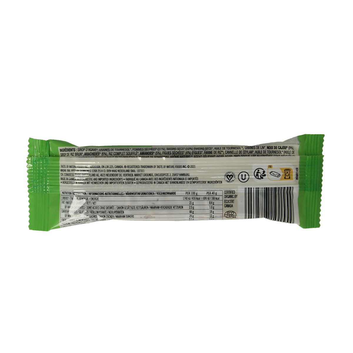 Taste Of Nature organic apple granenreep snack bar showing a golden-brown texture and fresh apple ingredients in a close-up.