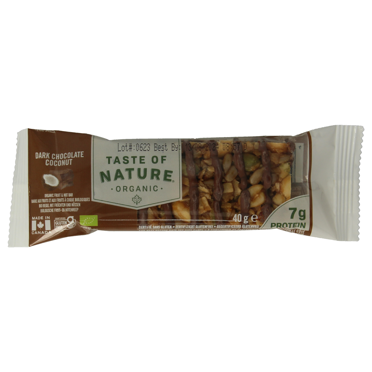 Taste Of Nature dark chocolate with coconut, organic 40g, close-up of chocolate bar showing coconut pieces and rich dark color.