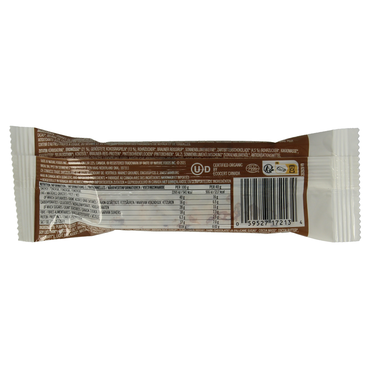 Taste of Nature dark chocolate with coconut bio, 40 gram, close-up of chocolate bar with coconut pieces on top.