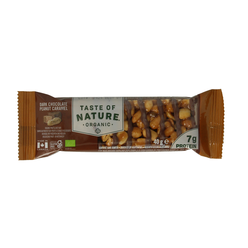 Taste Of Nature dark chocolate peanut caramel bio chocolate bar, 40g, with rich chocolate, crunchy peanuts, and caramel inside.