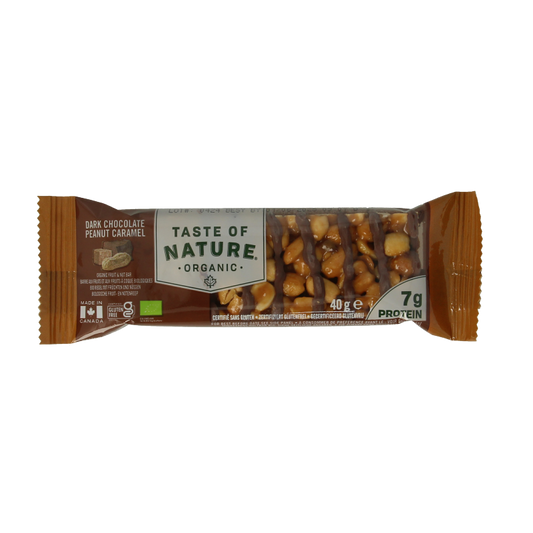 Taste Of Nature dark chocolate peanut caramel bio chocolate bar, 40g, with rich chocolate, crunchy peanuts, and caramel inside.