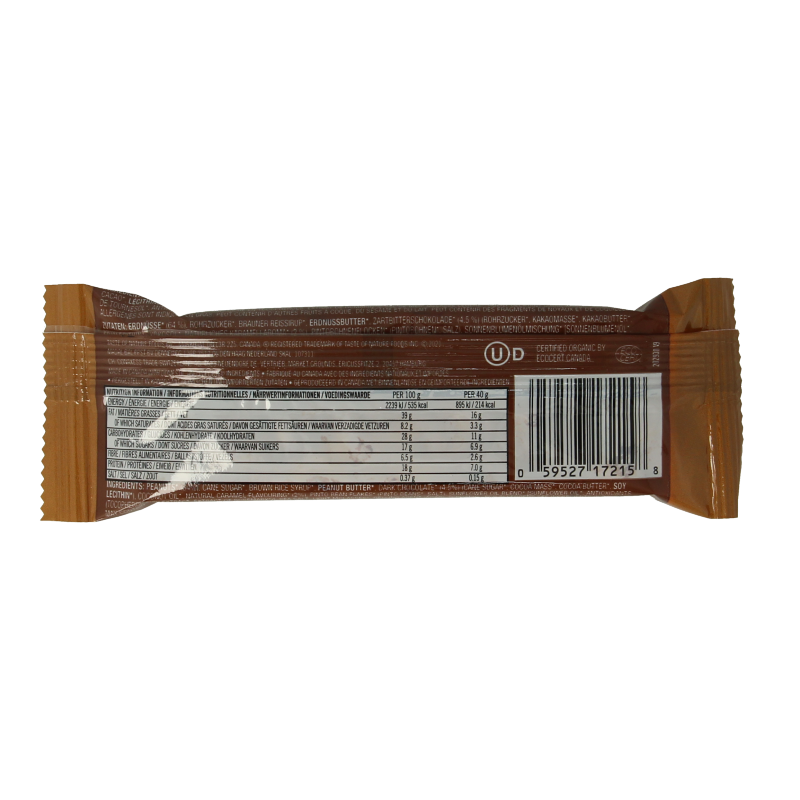 Taste of Nature dark chocolate peanut caramel bio chocolate bar, 40 grams, with rich chocolate, crunchy peanuts, and caramel details.