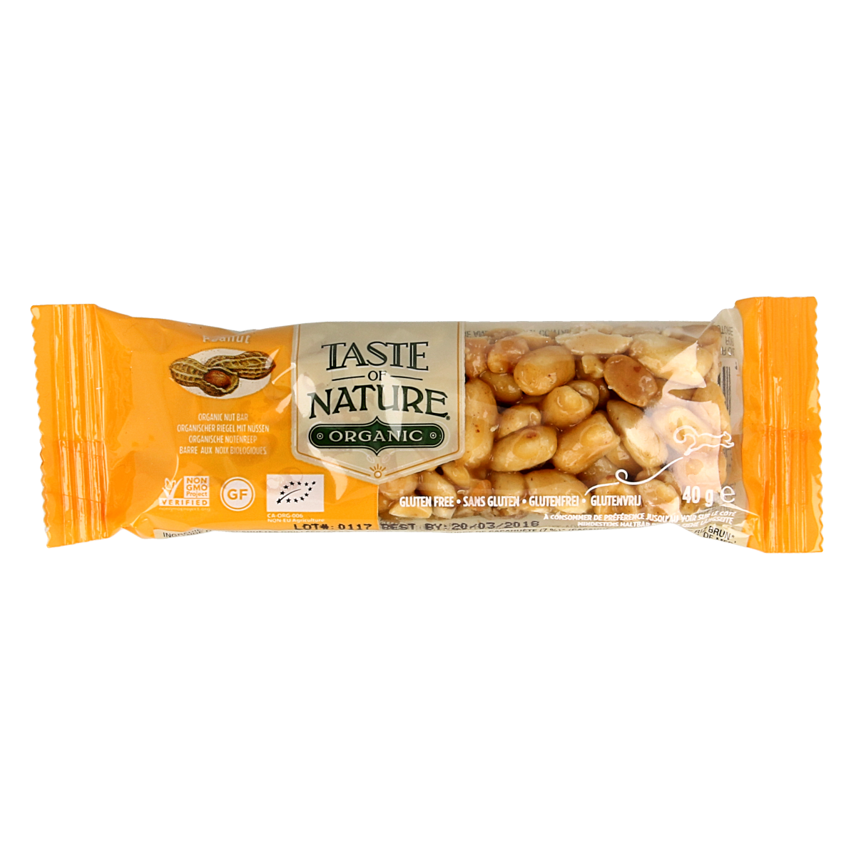 Taste Of Nature organic peanut granenreep snack bar, 40g, with visible peanut pieces and natural ingredients in a wrapper.