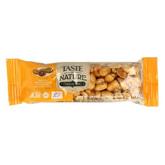 Taste Of Nature organic peanut granenreep snack bar, 40g, with visible peanut pieces and natural ingredients in a wrapper.